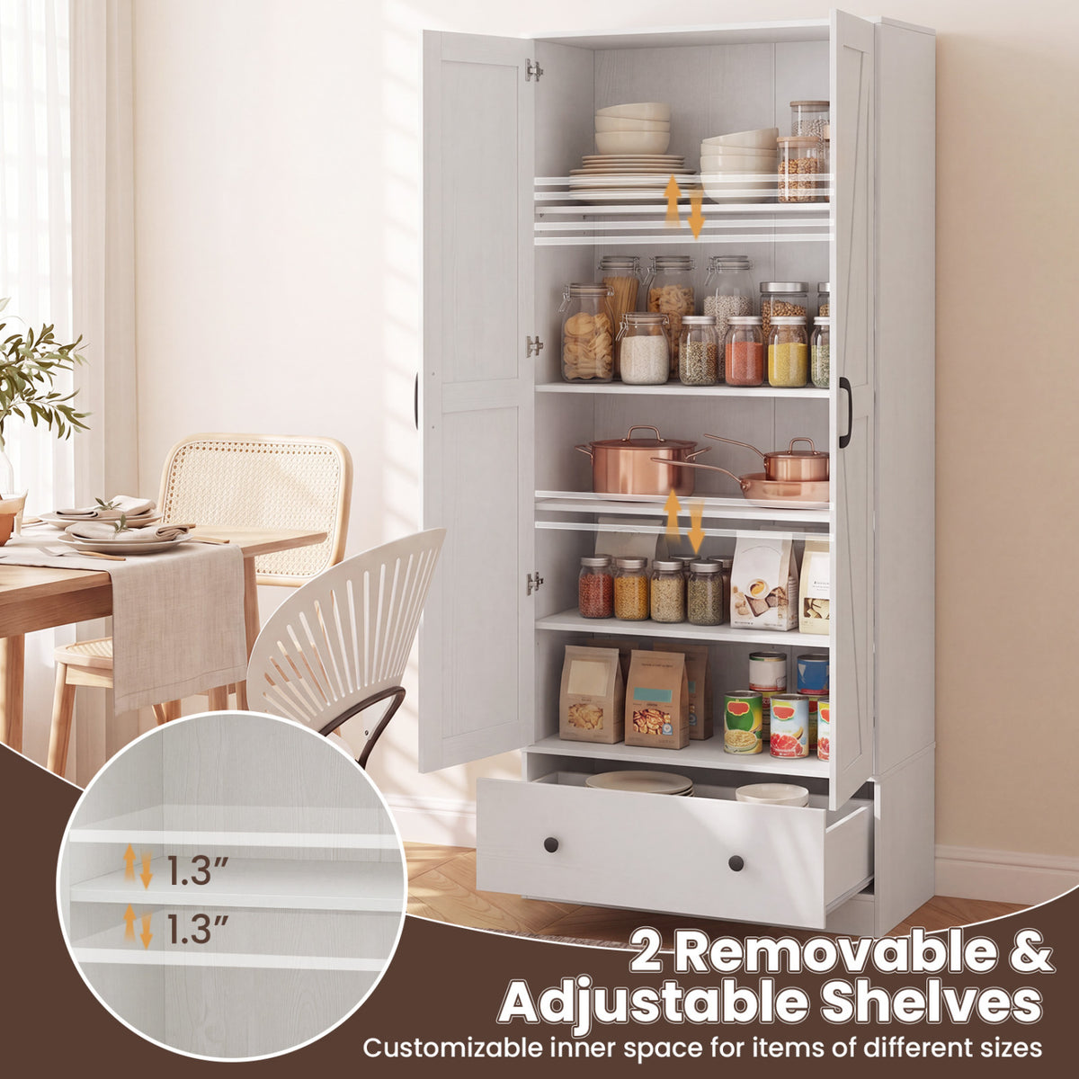 72 Inch Tall Kitchen Pantry Cabinet Farmhouse Wooden Cupboard with 2 Doors-White