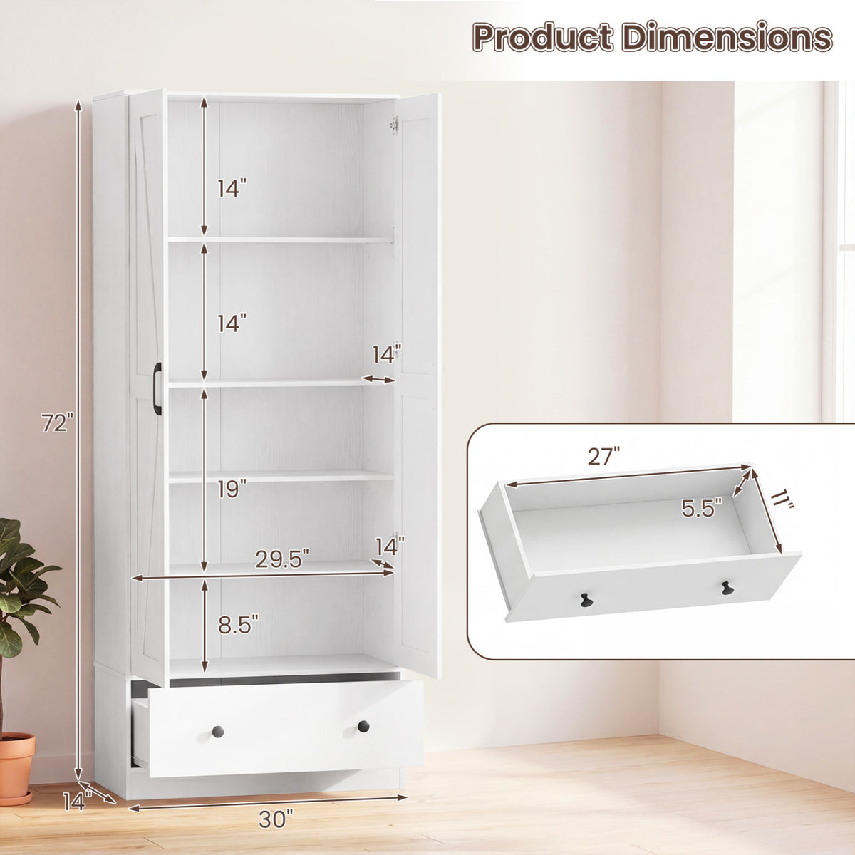 72 Inch Tall Kitchen Pantry Cabinet Farmhouse Wooden Cupboard with 2 Doors-White