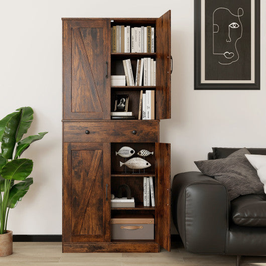 72 Inch Tall Modern Farmhouse Cupboard Cabinet with 4 Barn Doors-Coffee