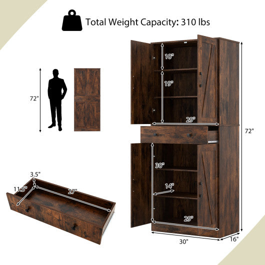 72 Inch Tall Modern Farmhouse Cupboard Cabinet with 4 Barn Doors-Coffee