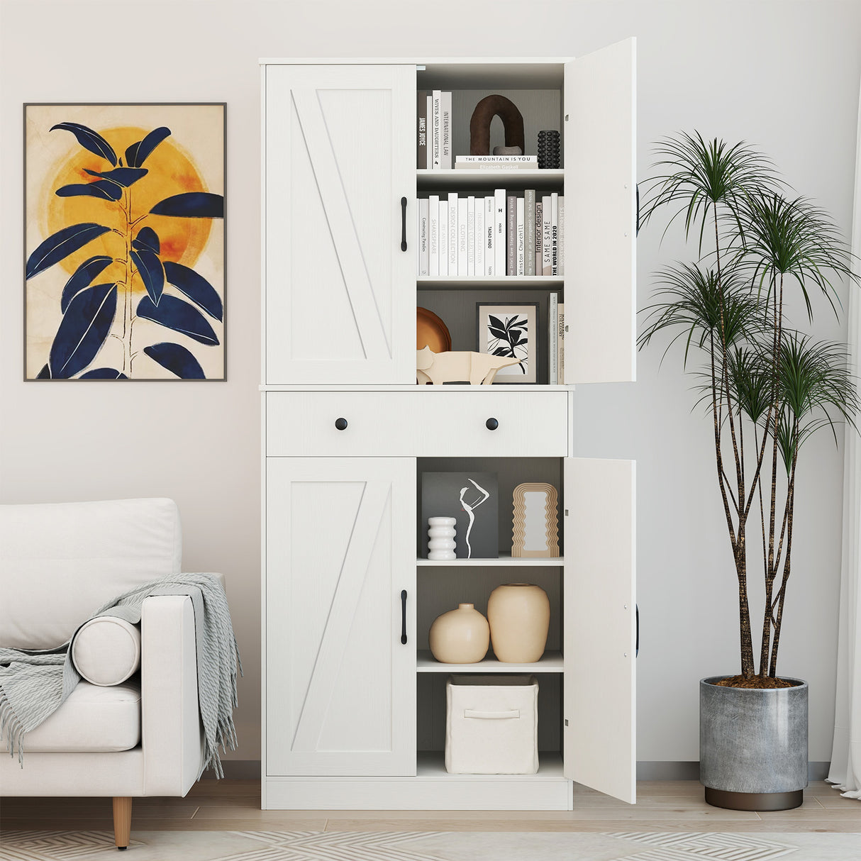 72 Inch Tall Modern Farmhouse Cupboard Cabinet with 4 Barn Doors-White