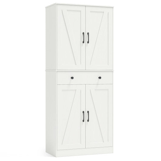 72 Inch Tall Modern Farmhouse Cupboard Cabinet with 4 Barn Doors-White