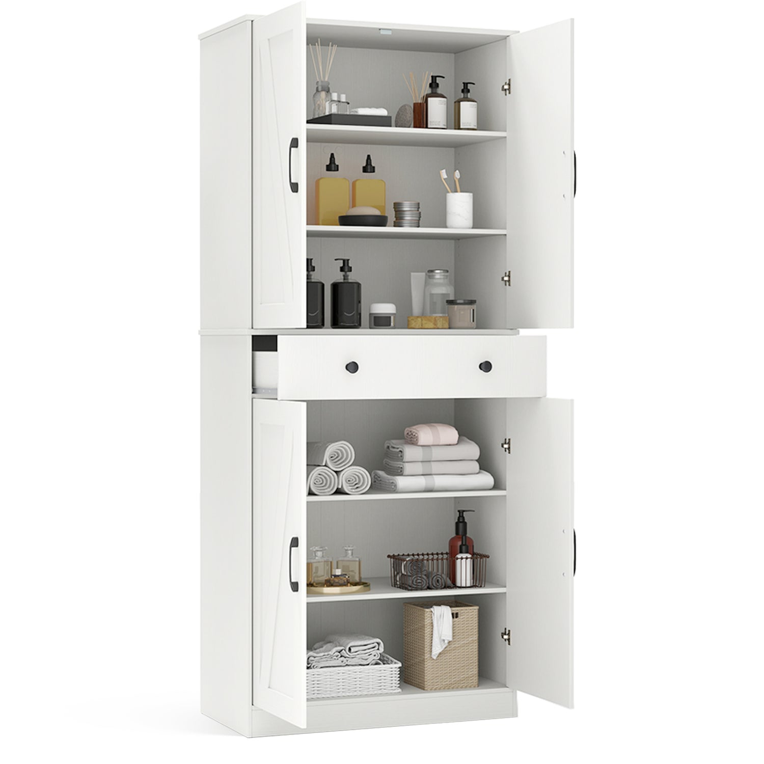 72 Inch Tall Modern Farmhouse Cupboard Cabinet with 4 Barn Doors-White