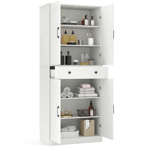 72 Inch Tall Modern Farmhouse Cupboard Cabinet with 4 Barn Doors-White