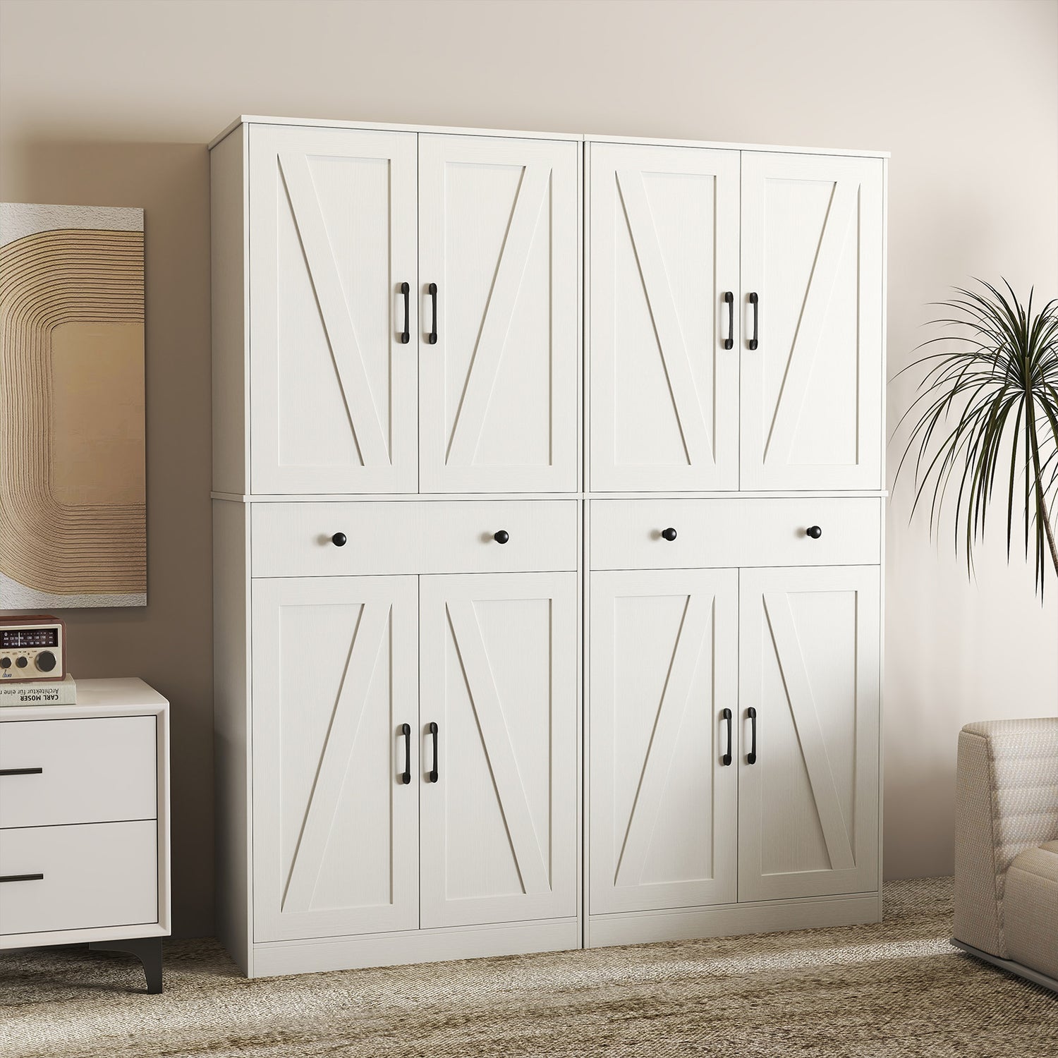 72 Inch Tall Modern Farmhouse Cupboard Cabinet with 4 Barn Doors-White