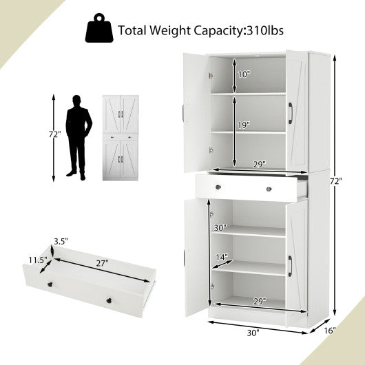 72 Inch Tall Modern Farmhouse Cupboard Cabinet with 4 Barn Doors-White