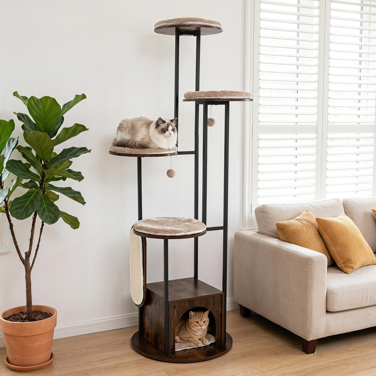 72-Inch Tall Multi-Level Cat Condo with Top Perch Platforms and Removable Washable Mats-Rustic Brown