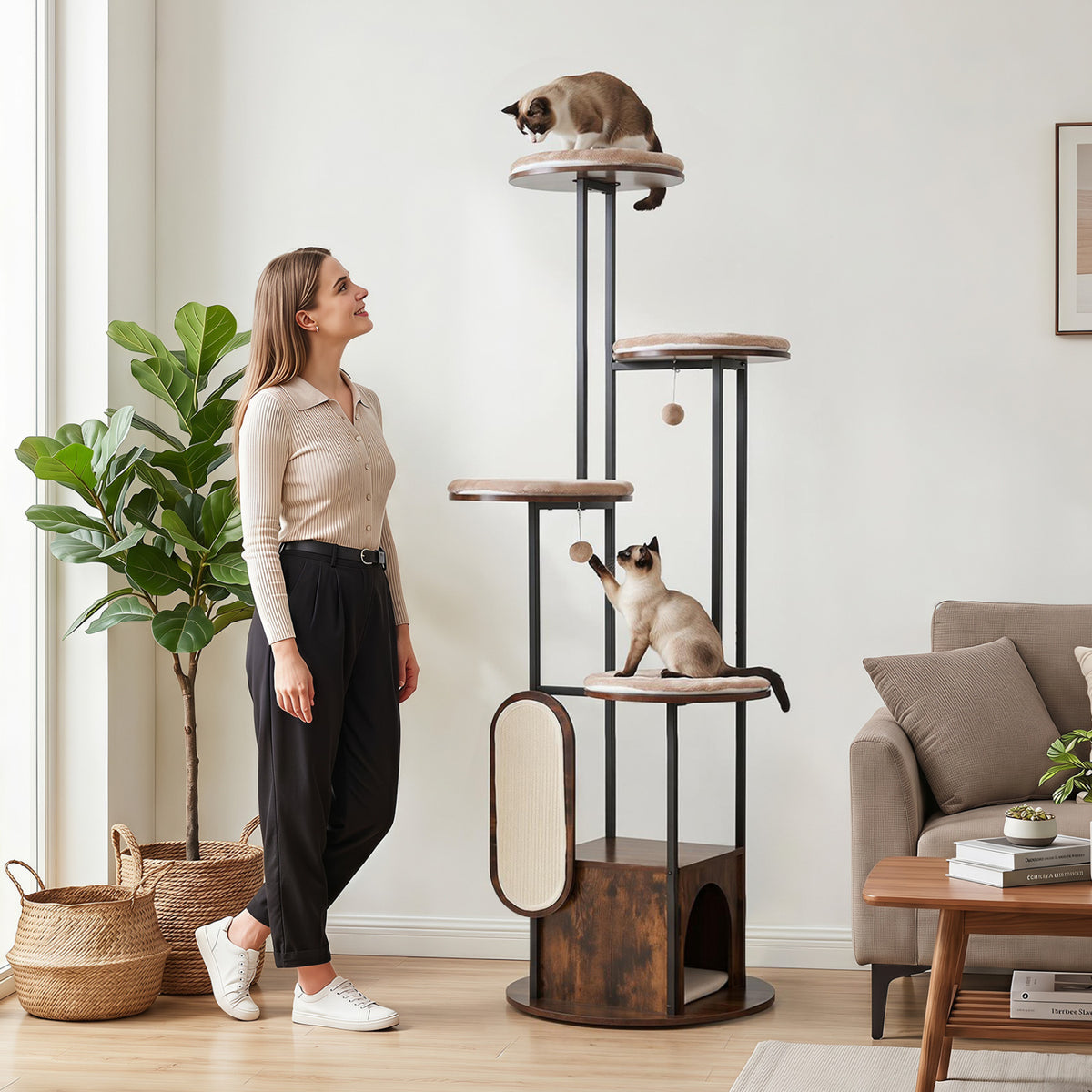 72-Inch Tall Multi-Level Cat Condo with Top Perch Platforms and Removable Washable Mats-Rustic Brown