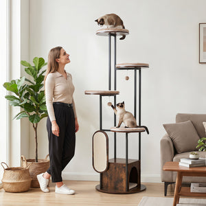 72-Inch Tall Multi-Level Cat Condo with Top Perch Platforms and Removable Washable Mats-Rustic Brown