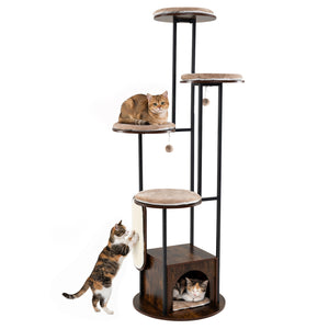 72-Inch Tall Multi-Level Cat Condo with Top Perch Platforms and Removable Washable Mats-Rustic Brown