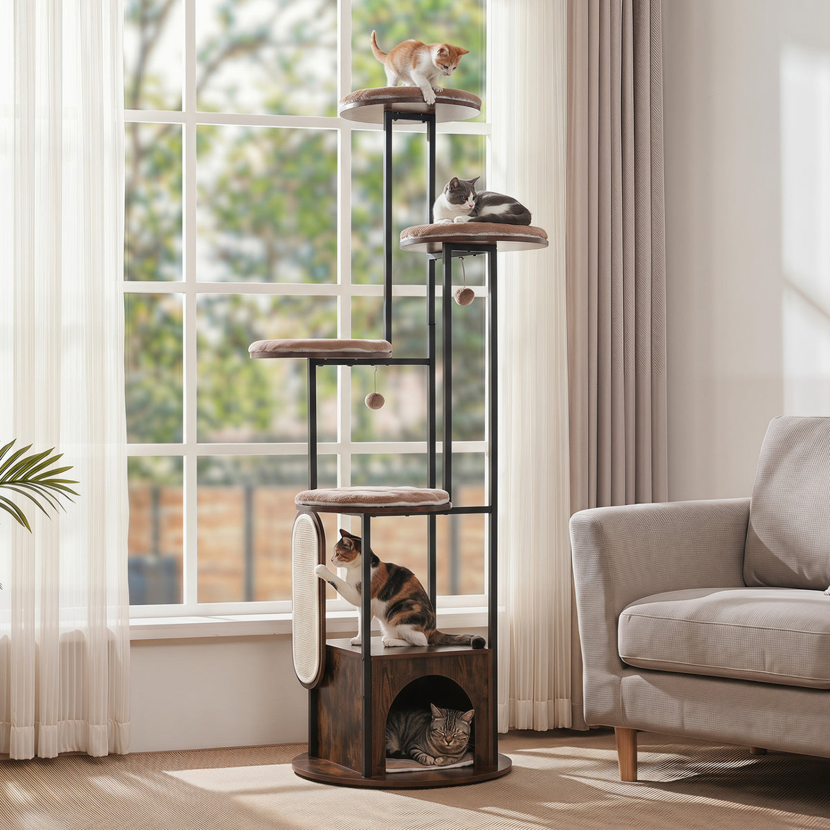 72-Inch Tall Multi-Level Cat Condo with Top Perch Platforms and Removable Washable Mats-Rustic Brown