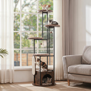 72-Inch Tall Multi-Level Cat Condo with Top Perch Platforms and Removable Washable Mats-Rustic Brown