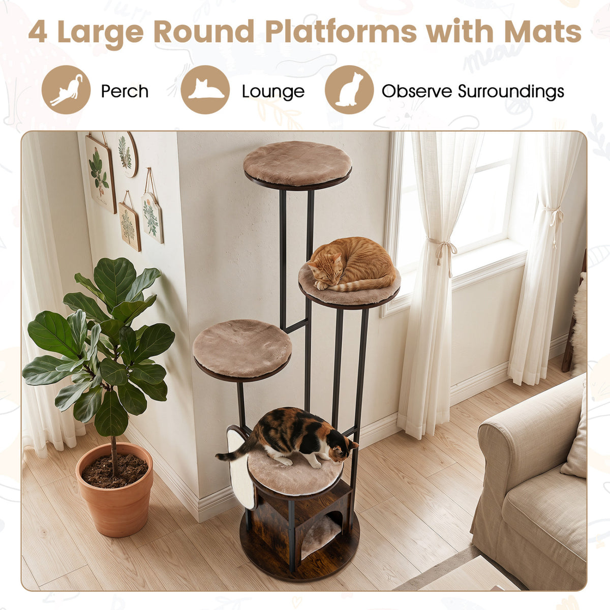 72-Inch Tall Multi-Level Cat Condo with Top Perch Platforms and Removable Washable Mats-Rustic Brown
