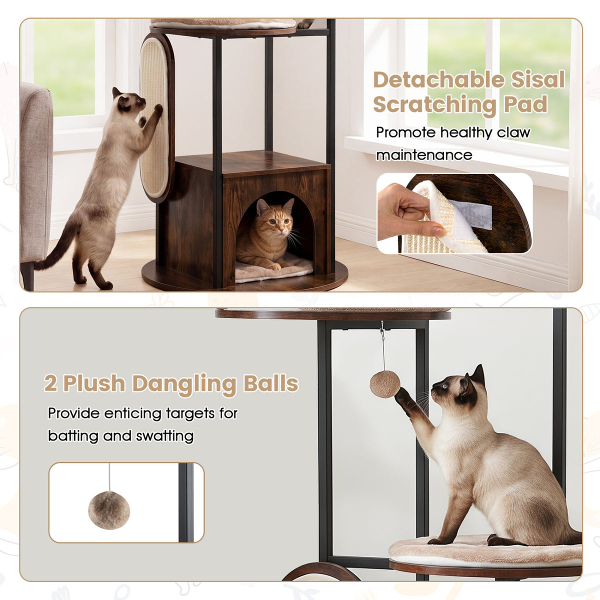 72-Inch Tall Multi-Level Cat Condo with Top Perch Platforms and Removable Washable Mats-Rustic Brown