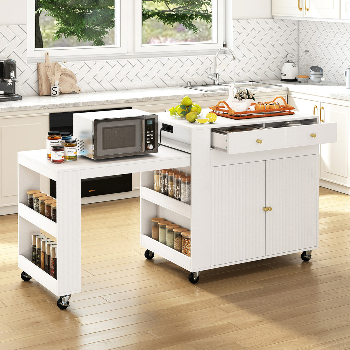 72" Kitchen Island with Extendable Dining Table and Power Outlet-White