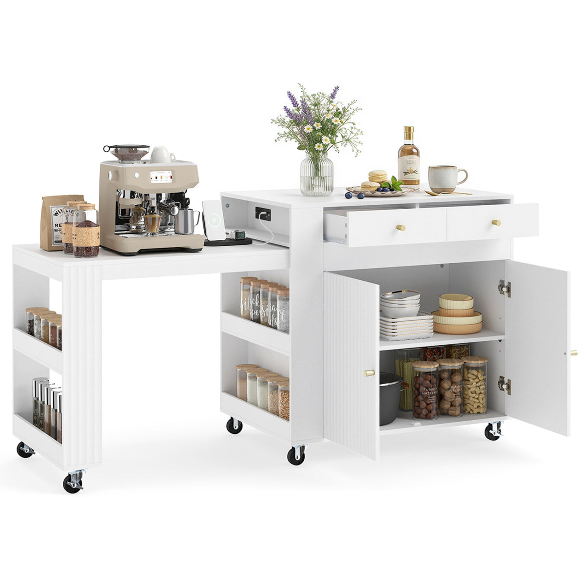 72" Kitchen Island with Extendable Dining Table and Power Outlet-White