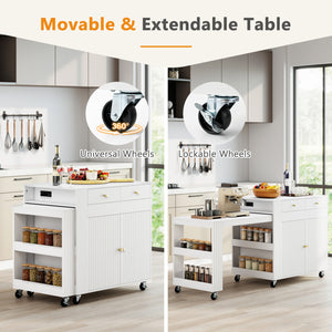 72" Kitchen Island with Extendable Dining Table and Power Outlet-White