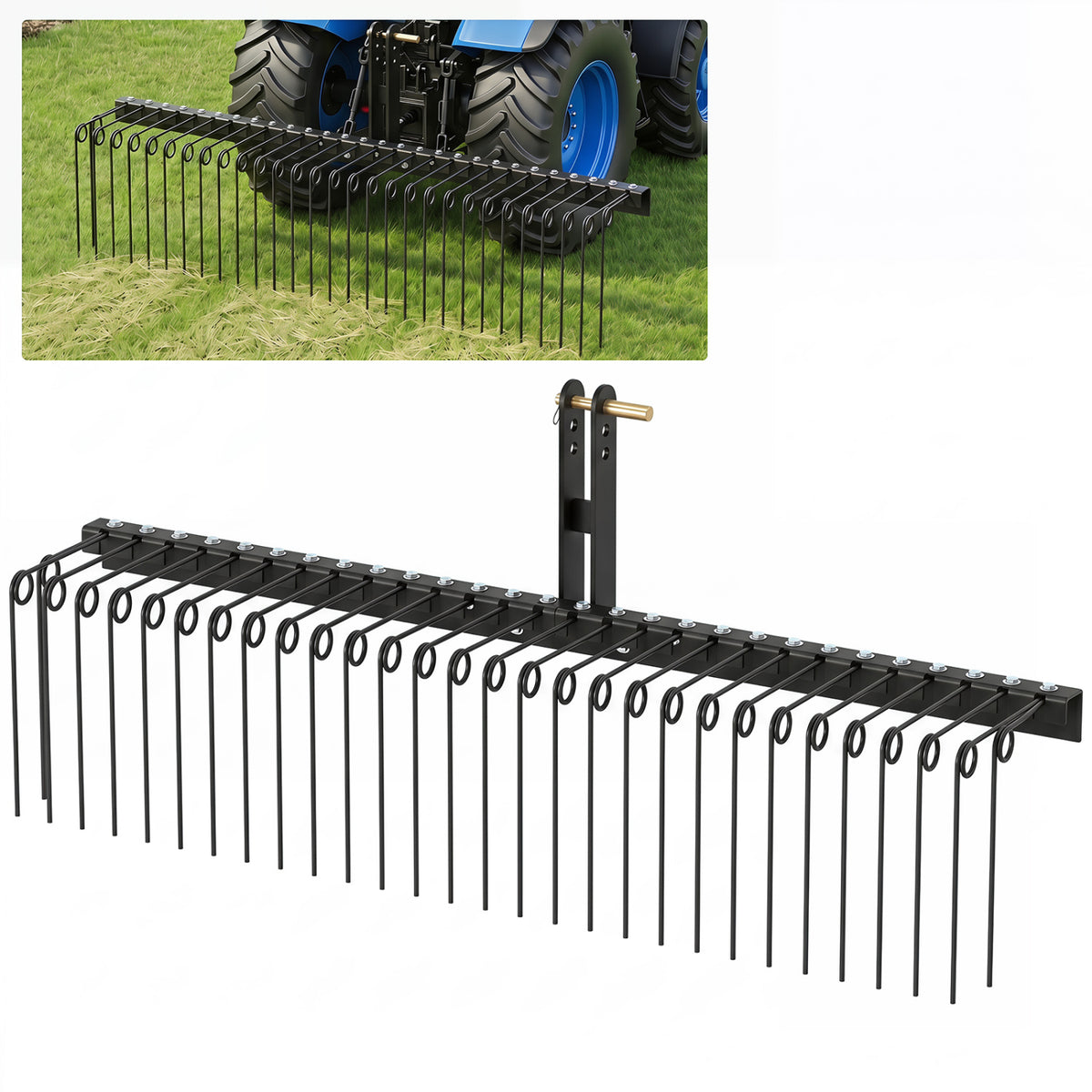 72" Pine Straw Rake with 30 Metal Coil Tines for Grass-Black
