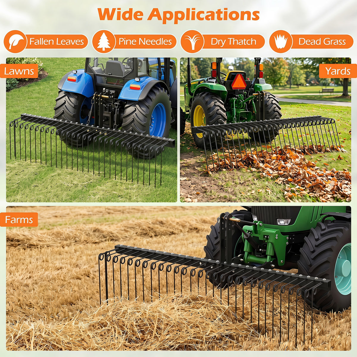 72" Pine Straw Rake with 30 Metal Coil Tines for Grass-Black