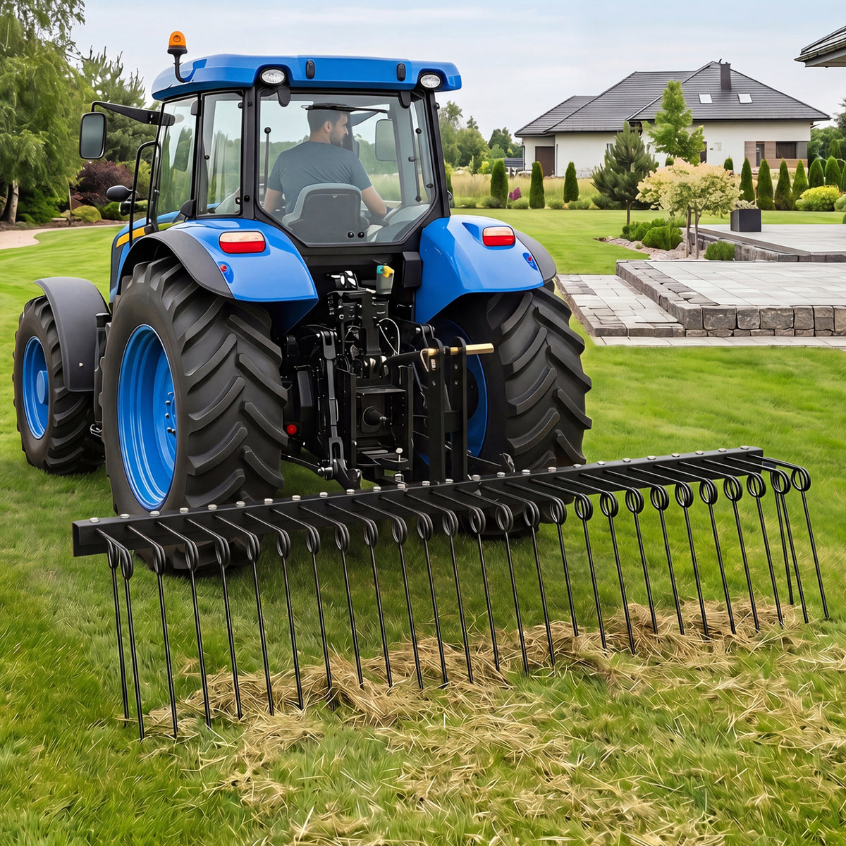 72" Pine Straw Rake with 30 Metal Coil Tines for Grass-Black