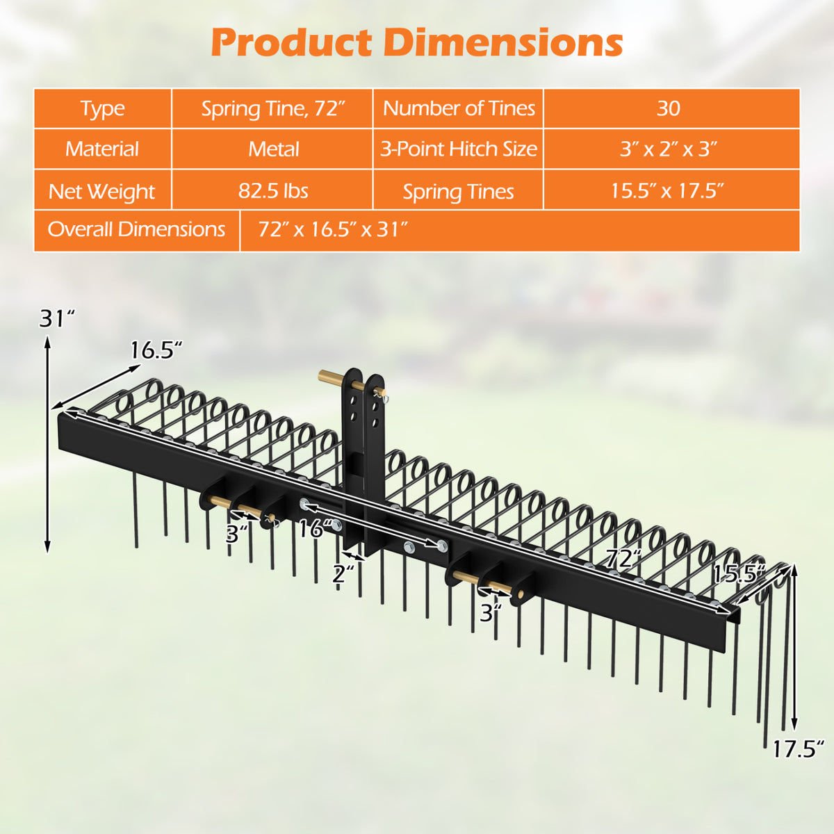 72" Pine Straw Rake with 30 Metal Coil Tines for Grass-Black