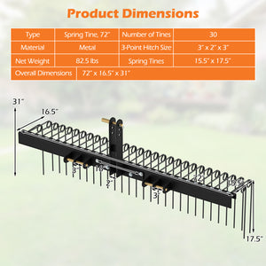 72" Pine Straw Rake with 30 Metal Coil Tines for Grass-Black