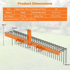 72" Pine Straw Rake with 30 Metal Coil Tines for Grass-Orange