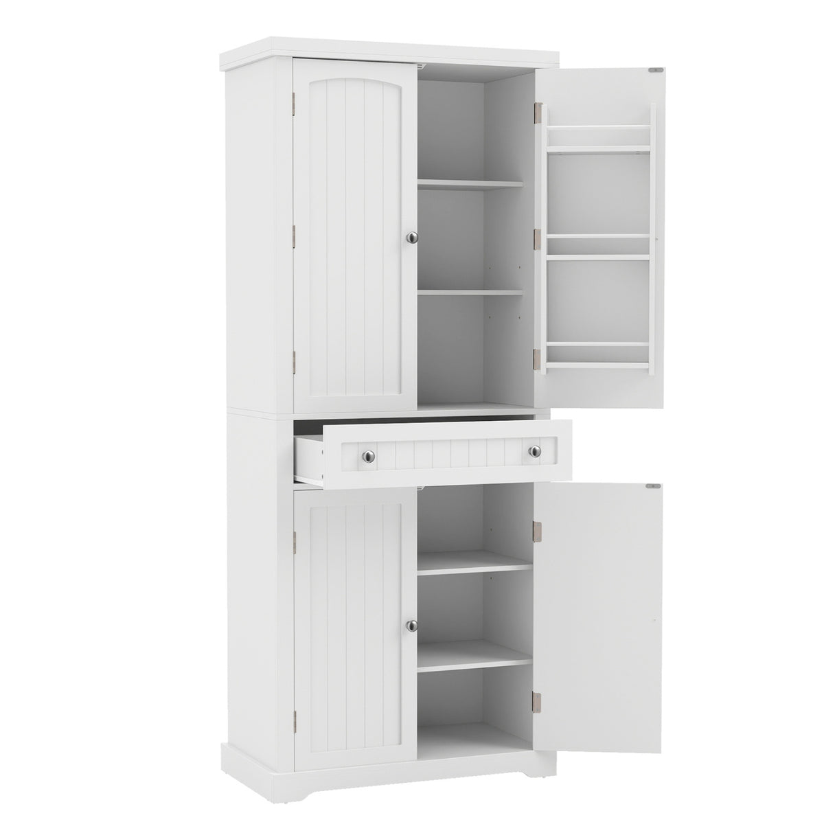 72â€ Tall Kitchen Cabinet  Pantry Storage Cabinet with 4 Fluted Doors and 6 Door Shelves-White