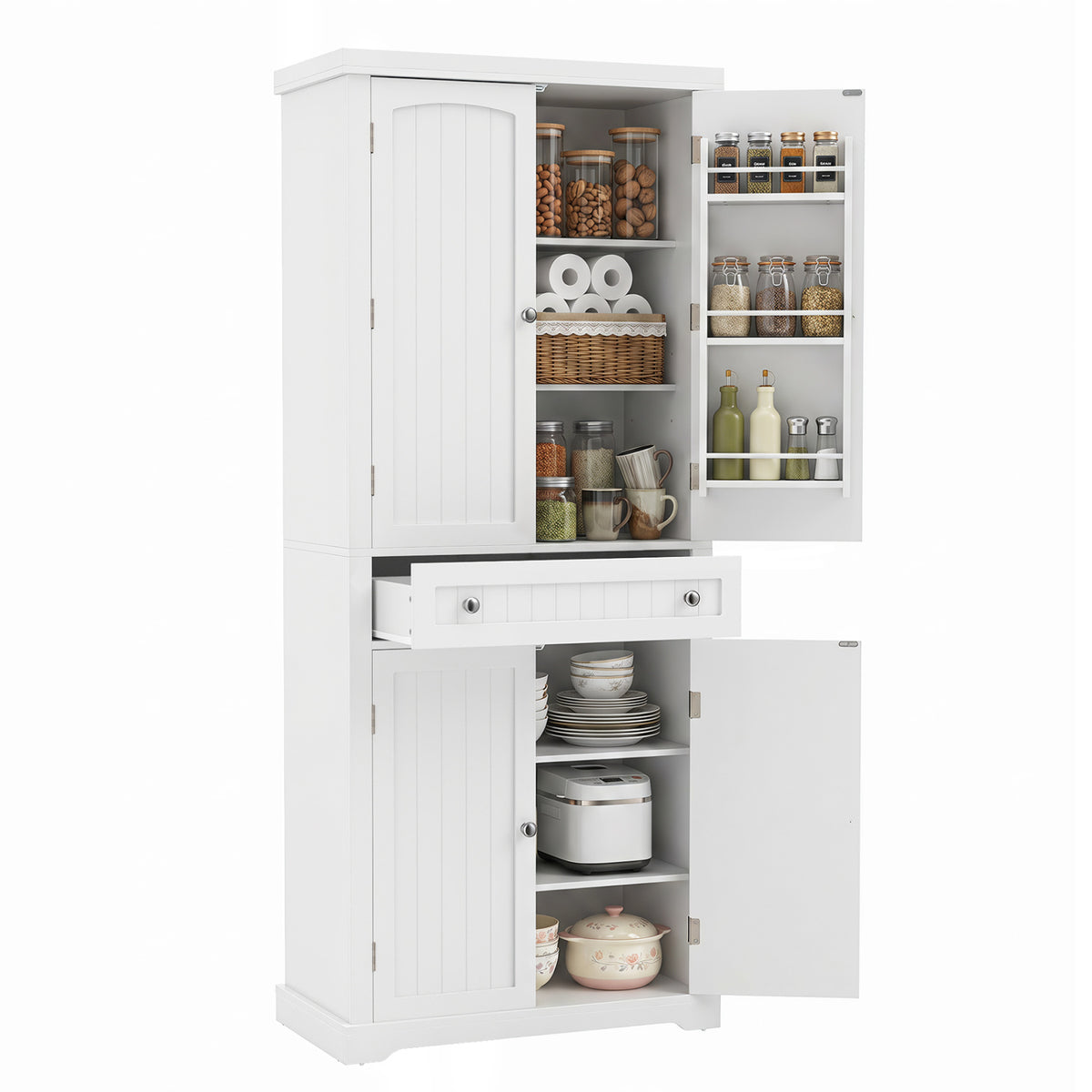 72â€ Tall Kitchen Cabinet  Pantry Storage Cabinet with 4 Fluted Doors and 6 Door Shelves-White
