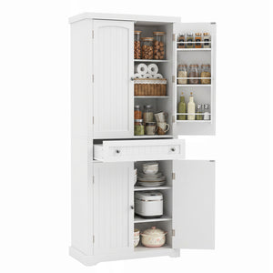 72â€ Tall Kitchen Cabinet  Pantry Storage Cabinet with 4 Fluted Doors and 6 Door Shelves-White