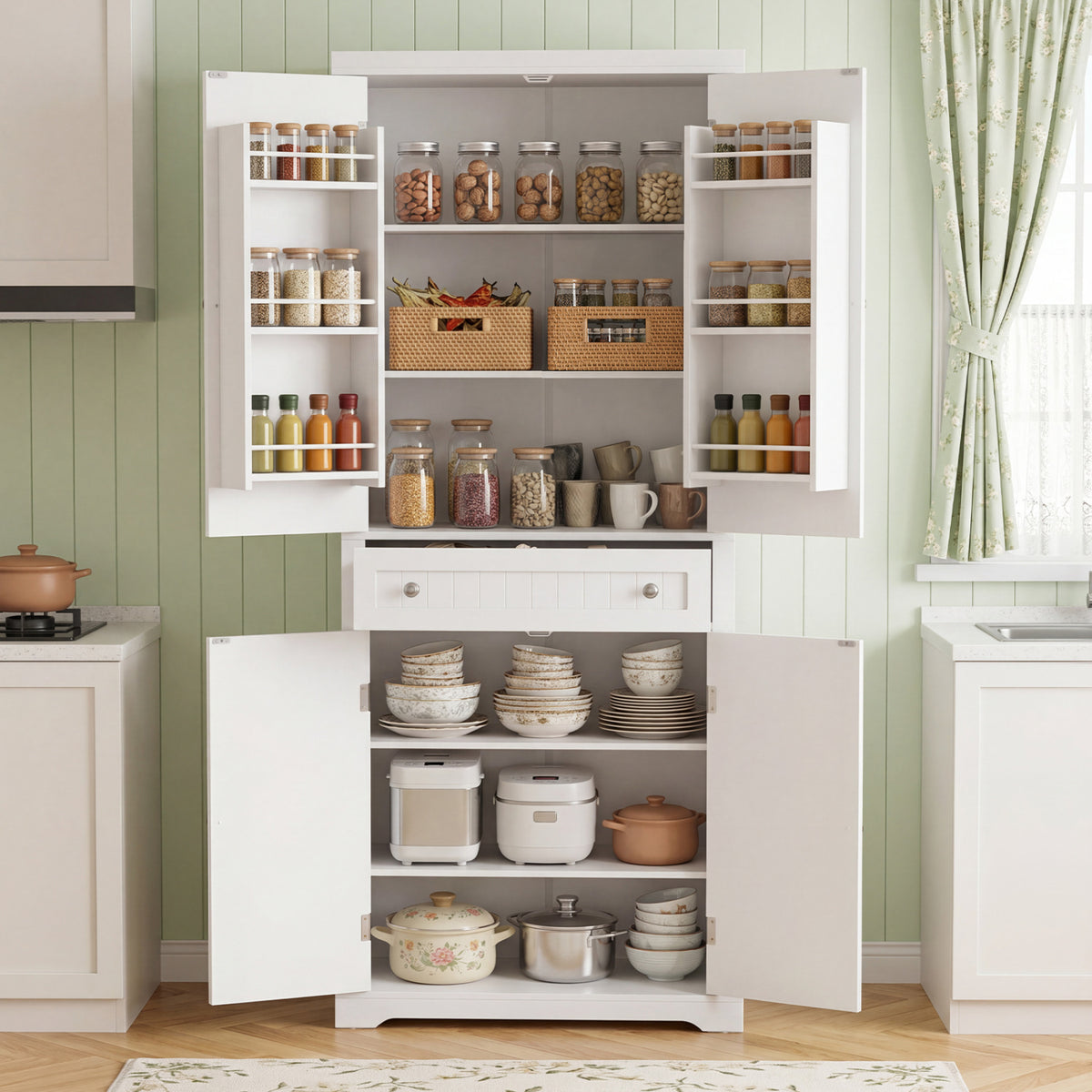 72â€ Tall Kitchen Cabinet  Pantry Storage Cabinet with 4 Fluted Doors and 6 Door Shelves-White