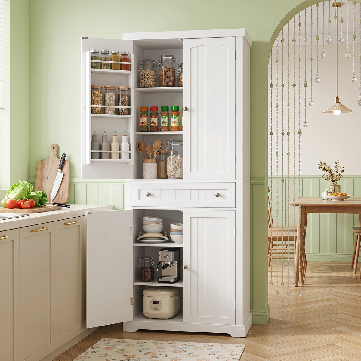 72â€ Tall Kitchen Cabinet  Pantry Storage Cabinet with 4 Fluted Doors and 6 Door Shelves-White