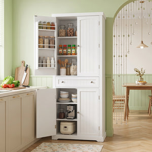 72â€ Tall Kitchen Cabinet  Pantry Storage Cabinet with 4 Fluted Doors and 6 Door Shelves-White