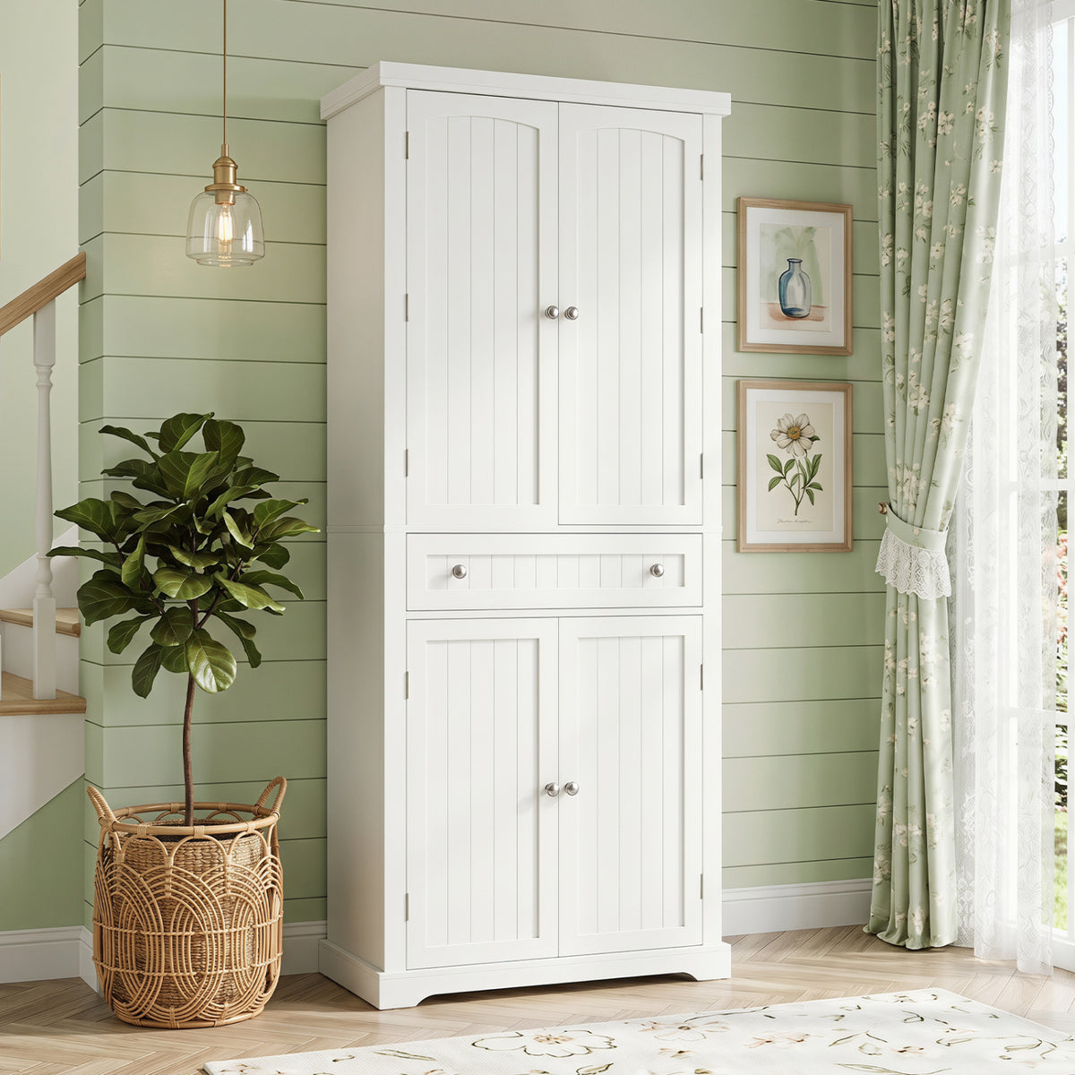 72â€ Tall Kitchen Cabinet  Pantry Storage Cabinet with 4 Fluted Doors and 6 Door Shelves-White