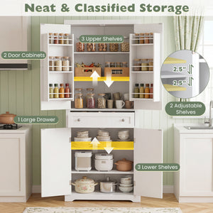 72â€ Tall Kitchen Cabinet  Pantry Storage Cabinet with 4 Fluted Doors and 6 Door Shelves-White
