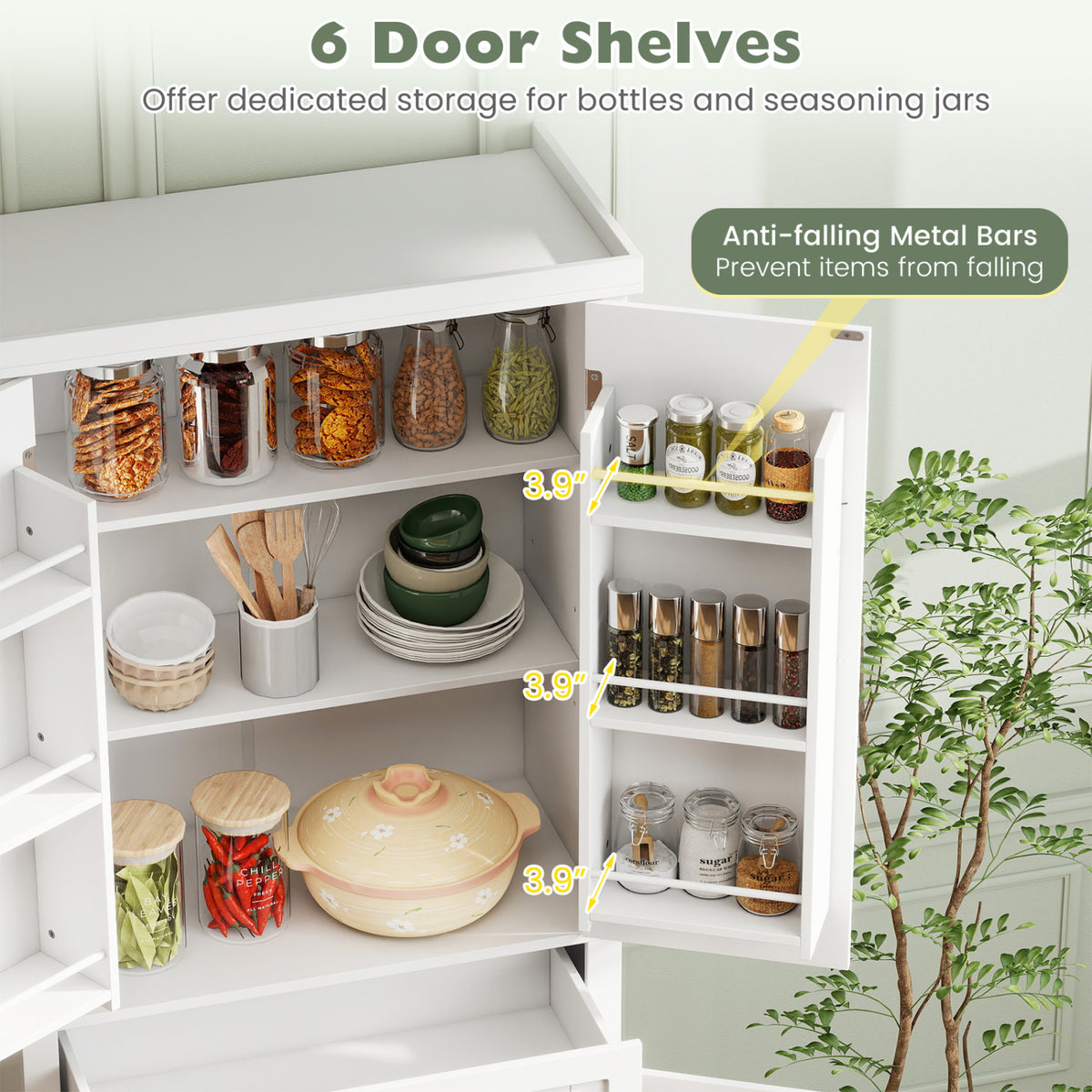 72â€ Tall Kitchen Cabinet  Pantry Storage Cabinet with 4 Fluted Doors and 6 Door Shelves-White