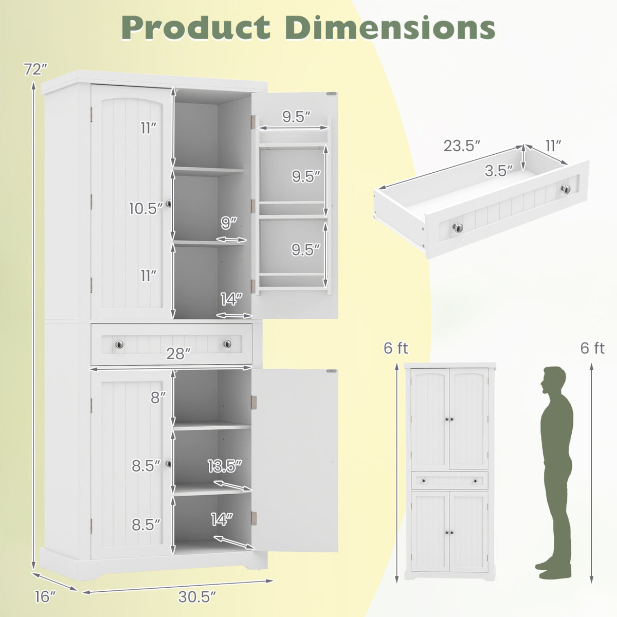 72â€ Tall Kitchen Cabinet  Pantry Storage Cabinet with 4 Fluted Doors and 6 Door Shelves-White