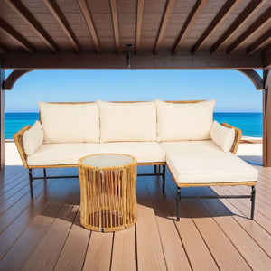 3 Pieces Outdoor Patio Wicker Furniture Sets Table And Chairs With Thick Cushion Outdoor Sofa Set Wicker And Cushion - Natural Yellow / Creme by Couch.com