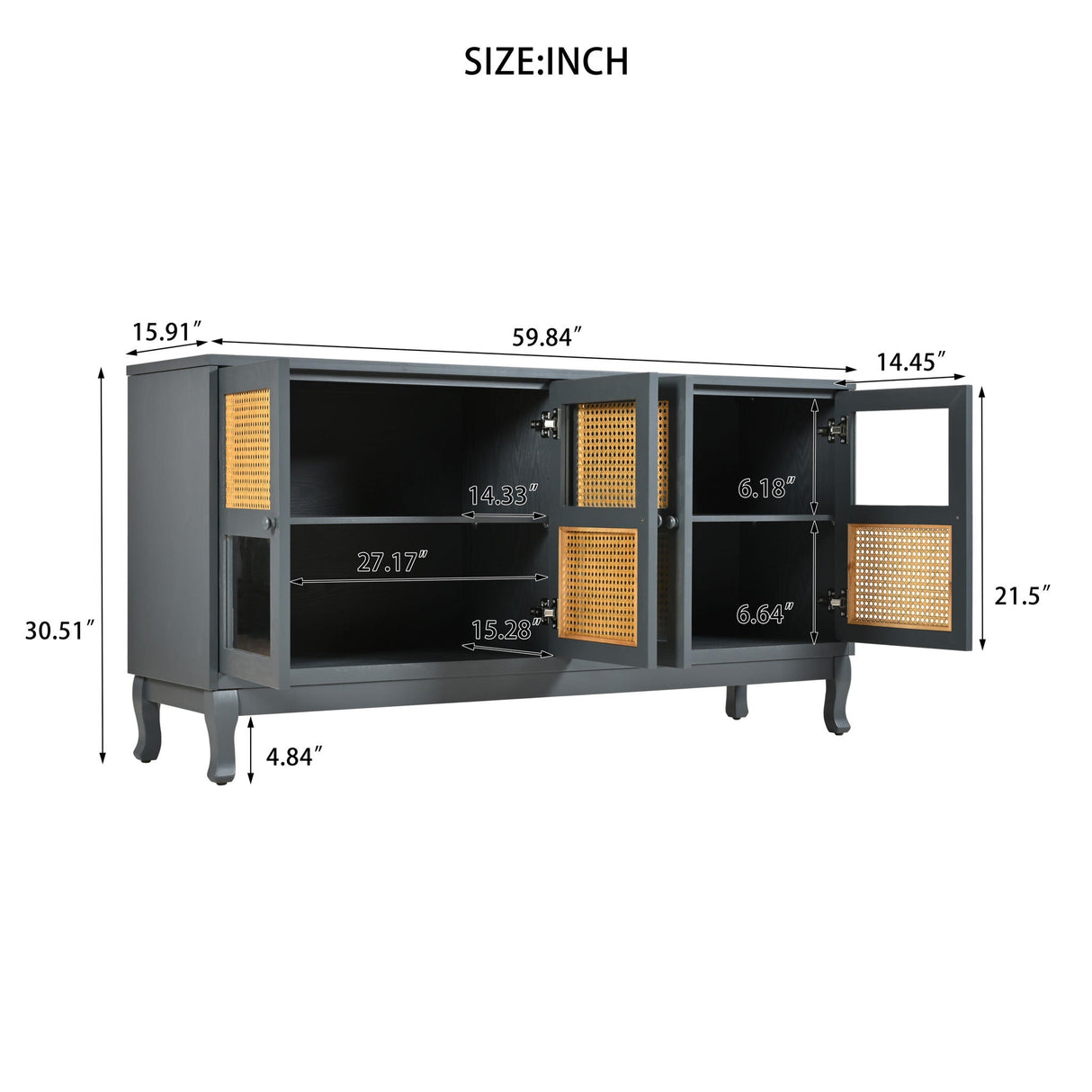 Retro Industrial 4 Door Sideboard With Large Storage, Rattan And Glass Doors by Couch.com