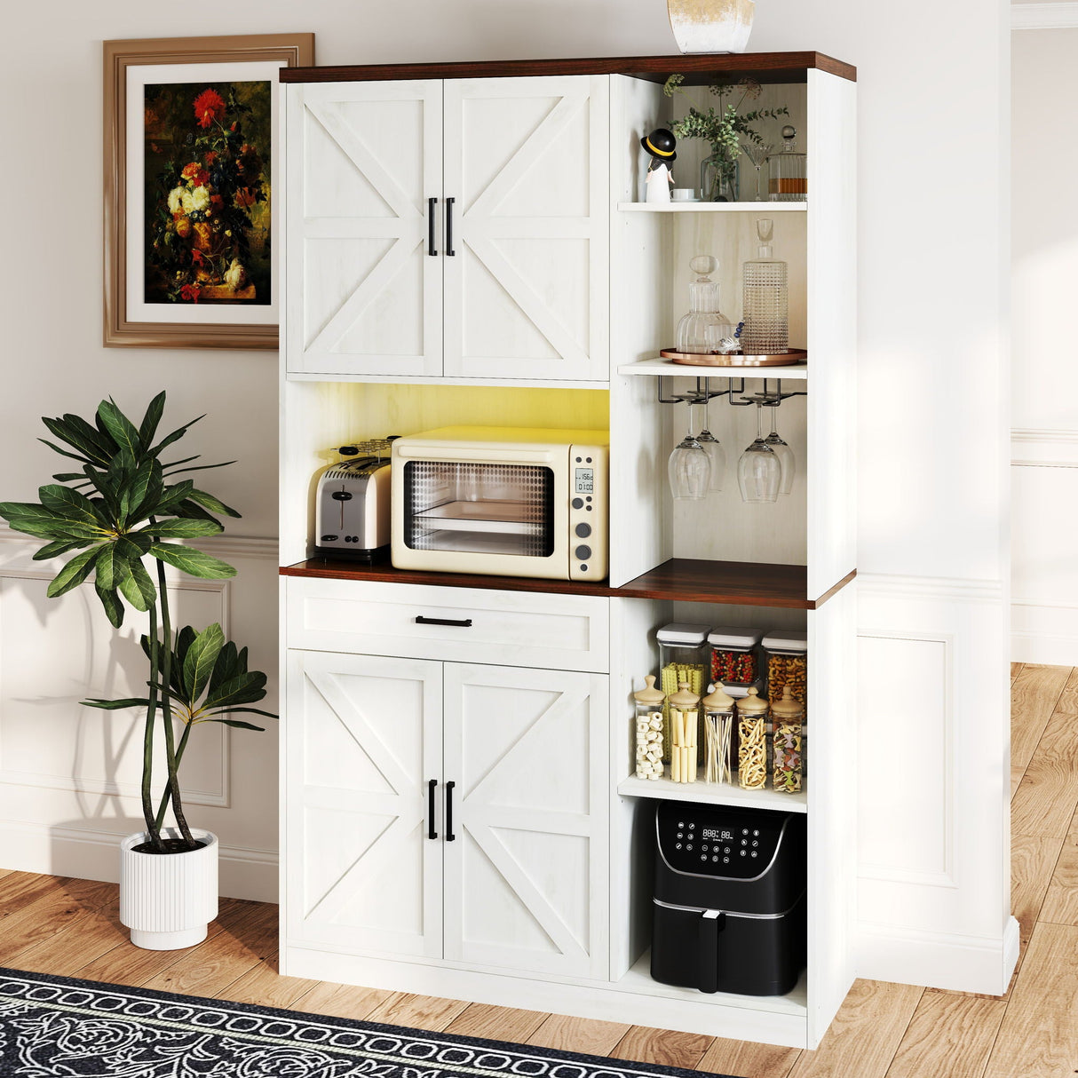 Farmhouse Kitchen Pantry Sideboard With Cabinet And Drawer, Multi Functional Kitchen Buffet With Hutch And Glass Holder, Microwave Stand With Charging Station - Brown / Antique White by Couch.com