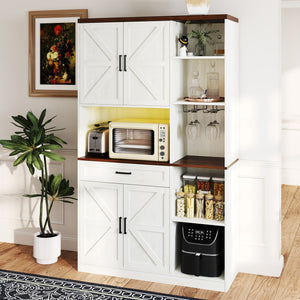 Farmhouse Kitchen Pantry Sideboard With Cabinet And Drawer, Multi Functional Kitchen Buffet With Hutch And Glass Holder, Microwave Stand With Charging Station - Brown / Antique White by Couch.com