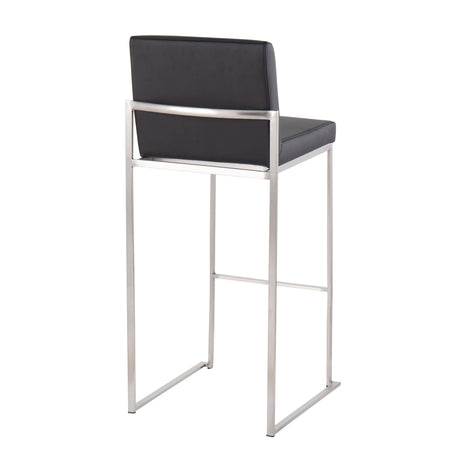 The Fuji - Contemporary and Modern Elegance High Back Barstool features a black cushioned seat and backrest, high back, no armrests, and a sleek silver-finished minimalist metal frame.