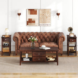 3-Tier Narrow End Table with Drawer and Storage Shelves Set of 2-Walnut