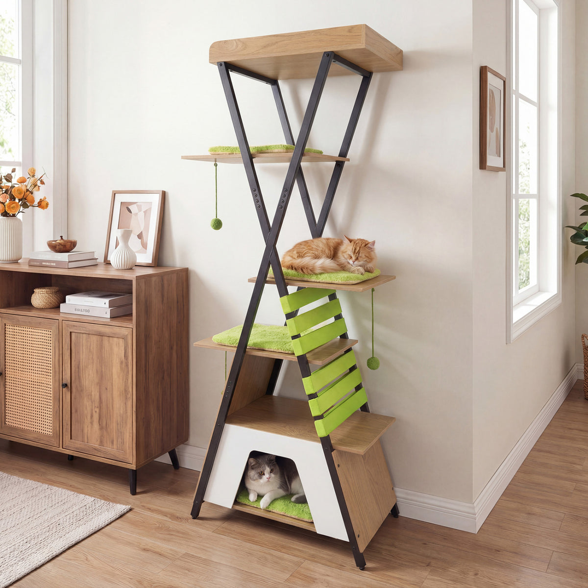 73 Inch Multi-level Cat Tree for Indoor Cats with Elevated Perch and Large Condo-Green