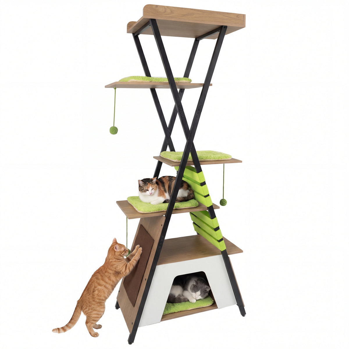 73 Inch Multi-level Cat Tree for Indoor Cats with Elevated Perch and Large Condo-Green
