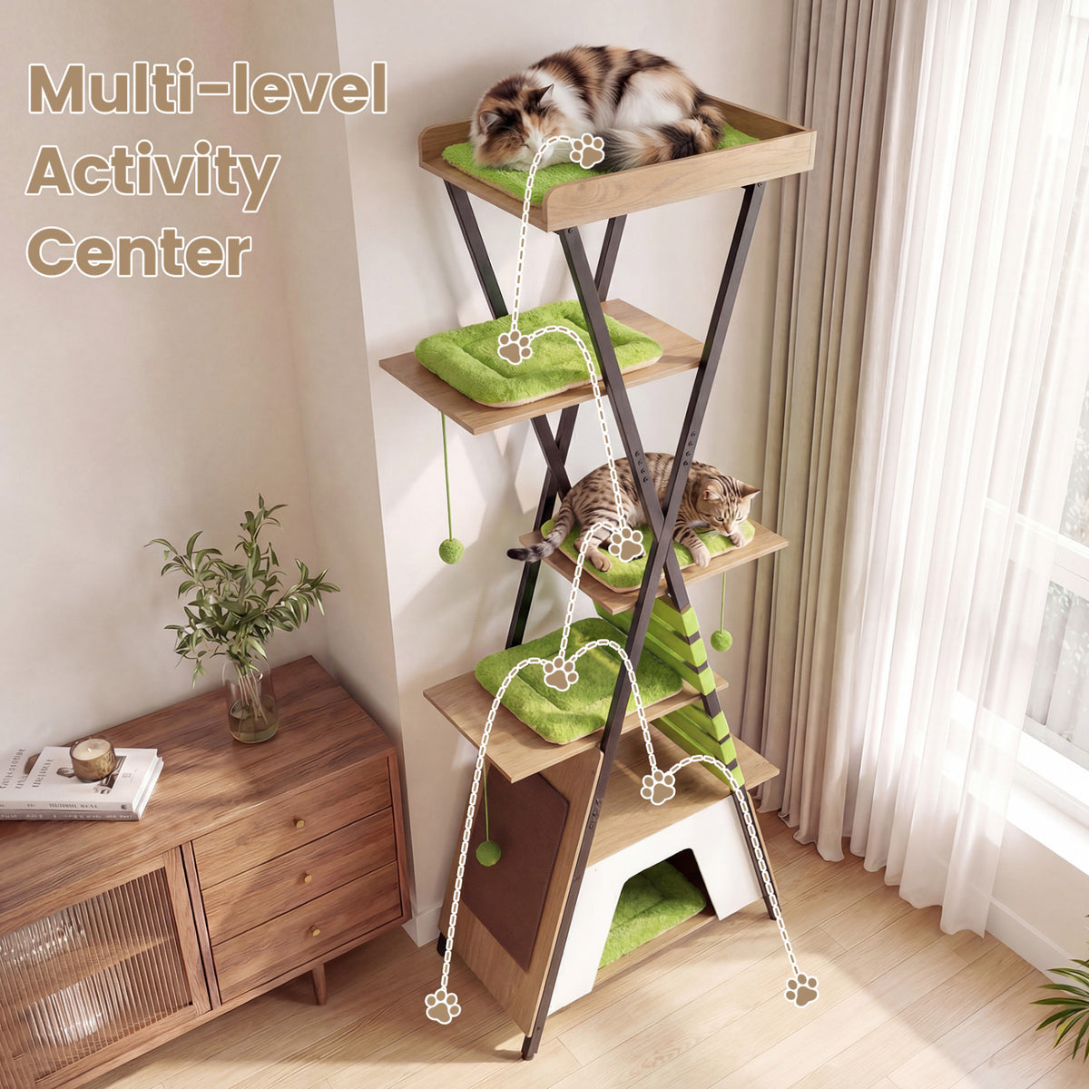 73 Inch Multi-level Cat Tree for Indoor Cats with Elevated Perch and Large Condo-Green