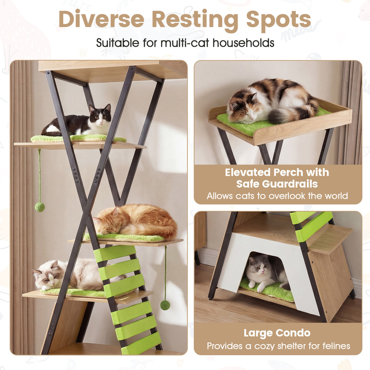 73 Inch Multi-level Cat Tree for Indoor Cats with Elevated Perch and Large Condo-Green