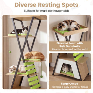 73 Inch Multi-level Cat Tree for Indoor Cats with Elevated Perch and Large Condo-Green