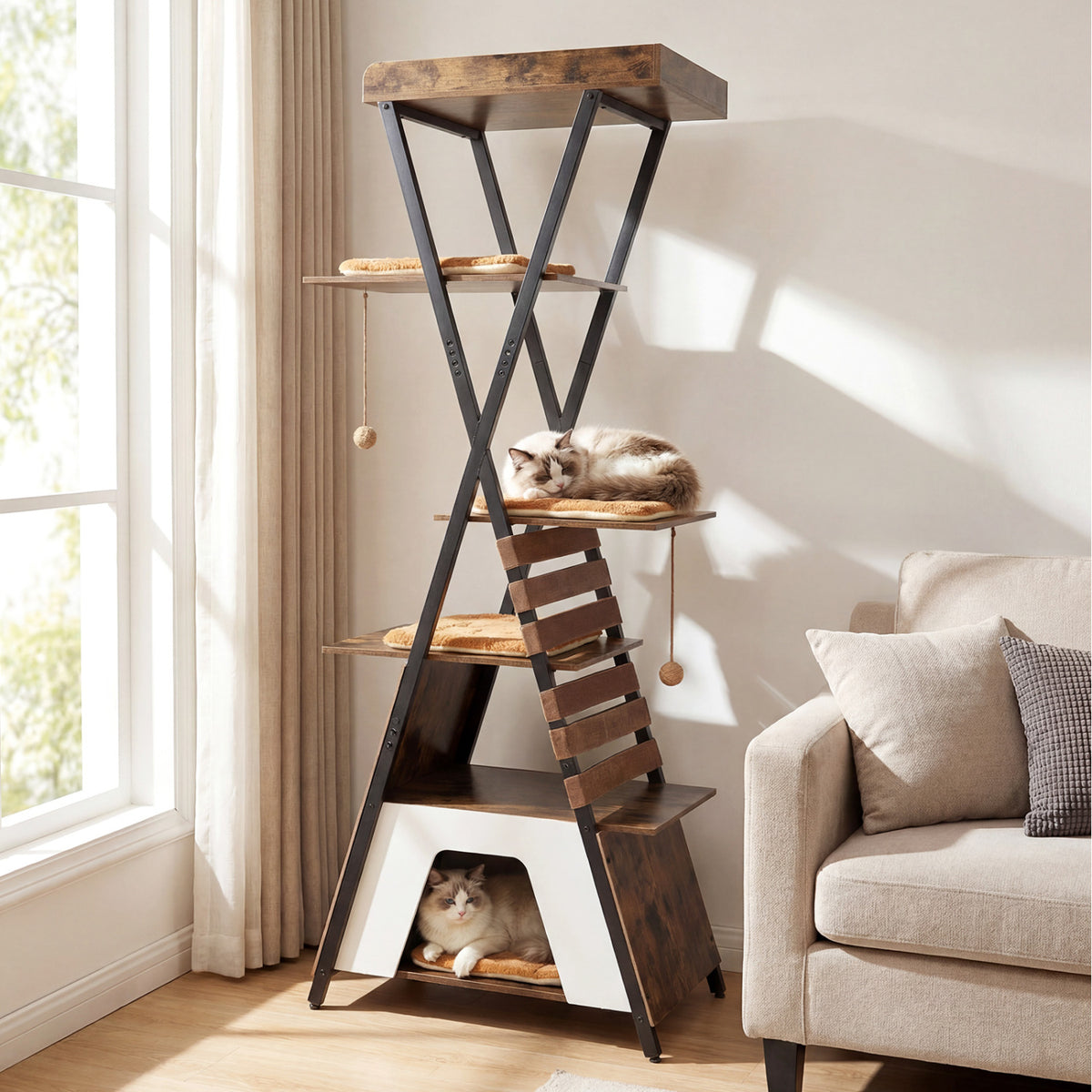73 Inch Multi-level Cat Tree for Indoor Cats with Elevated Perch and Large Condo-Rustic Brown