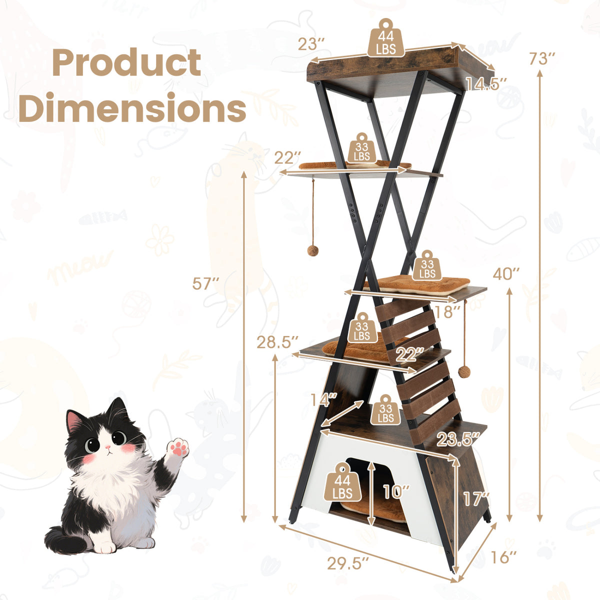 73 Inch Multi-level Cat Tree for Indoor Cats with Elevated Perch and Large Condo-Rustic Brown